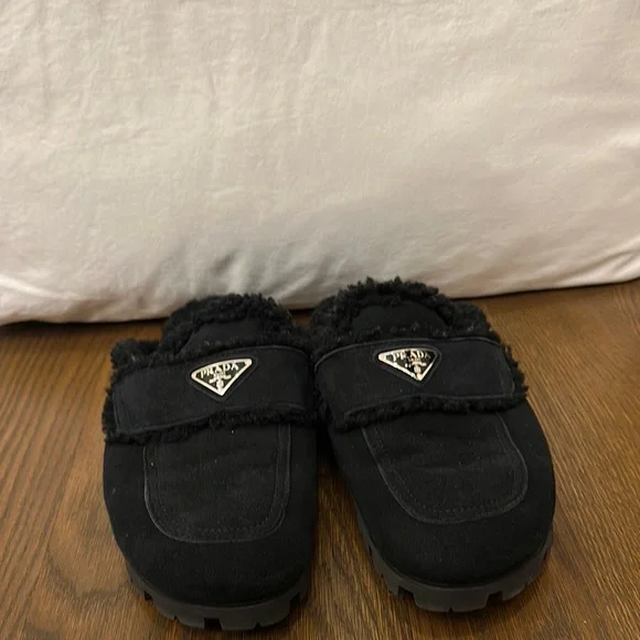 Prada Black Shearling Slippers